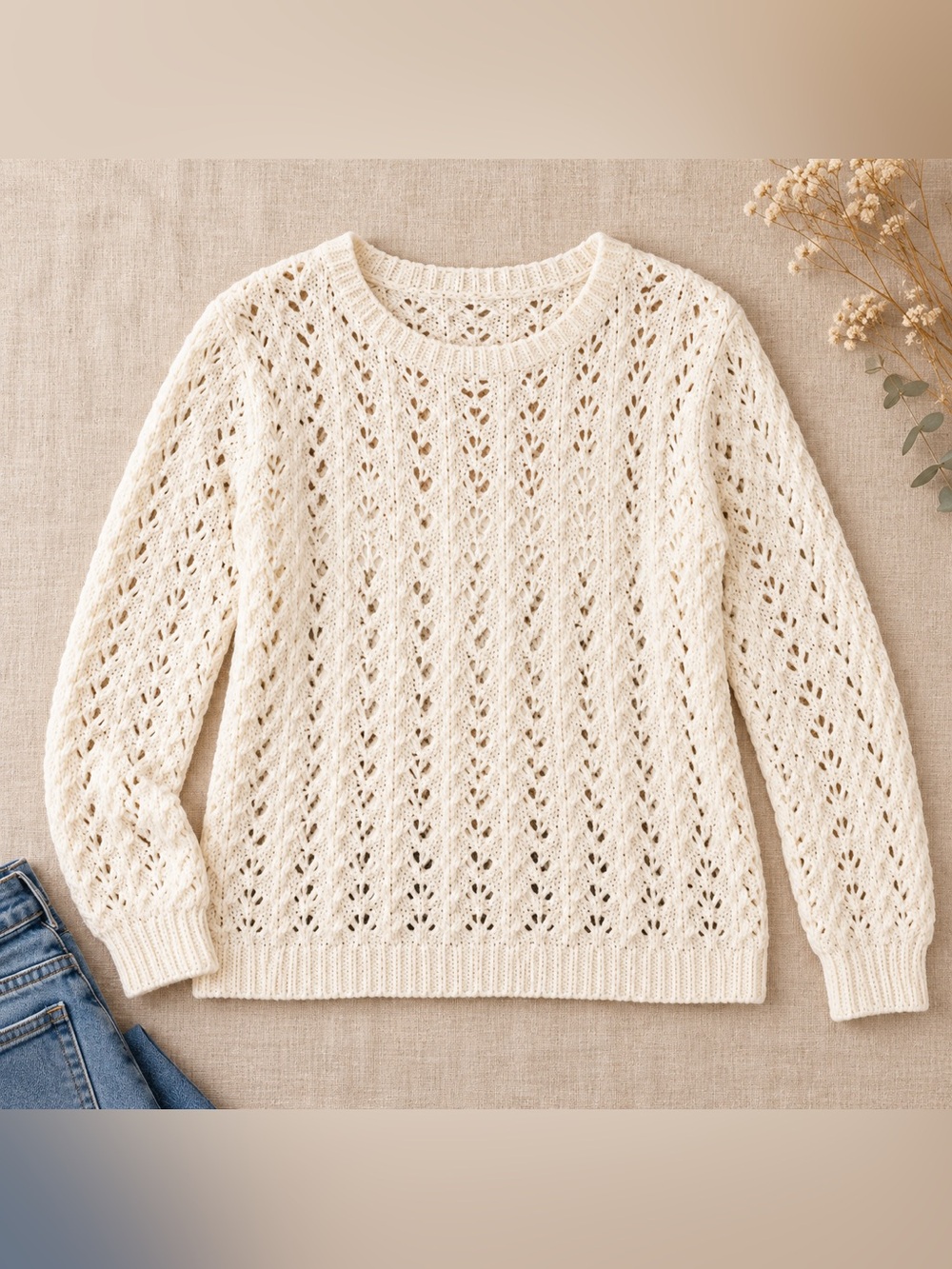 a.n.a. White Open Knit Cotton Blend Pullover Sweater Size M